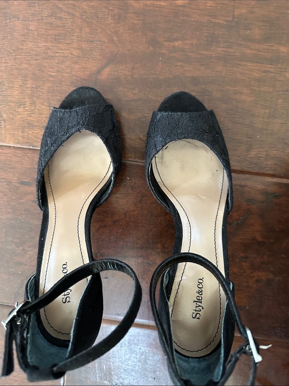 Style & Co. Black Lace Open-Toe Ankle Strap Heels
